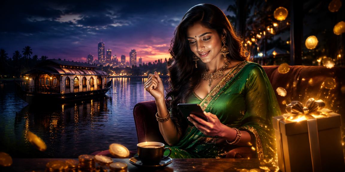 Scenic Kerala backwaters with festive casino entertainment atmosphere