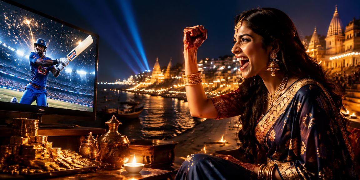 Evening view of Varanasi Ghats with cricket betting theme